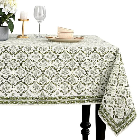 CPC Fern Regal Tablecloth 100% Cotton 60x90 Inch Indian Block Print Rectangle Table Cover, Table Cloth for Gifting in Weddings, Halloween, Fall, Christmas, Thanksgiving