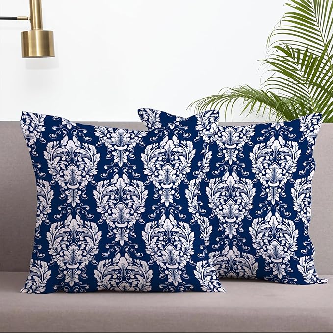 LOVOUS Navy Blue and White Damask Throw Pillow Covers 18x18 Inch Set of 2, Vintage Linen Decorative Pillow Covers for Bed Couch Sofa Bedroom Living Room Home Decor, B17
