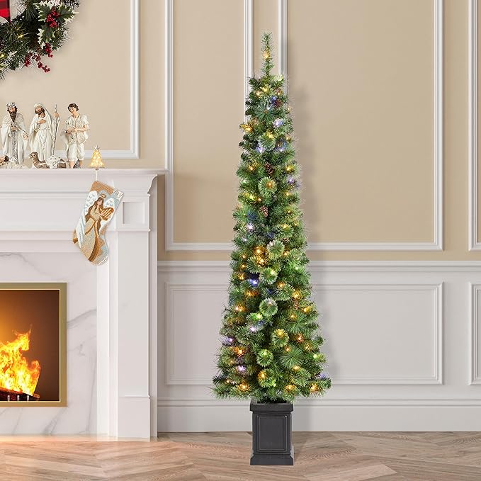 Glitzhome 6ft Prelit Artificial Christmas Tree, Green Cashmere Pine Christmas Porch Tree with pinecones,272 Pine&PVC Branch Tips,130 Warm White/Multi-Color Lights,9 Function w/Remote Control