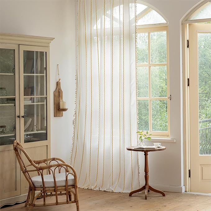 Sutuo Home Boho Curtains 84 inch Length for Bedroom, Semi Blackout Farmhouse Vintage Shabby Chic Tassels Window Treatment Bohemian Embroidery Drape, Rod Pocket 1 Panel 52" W x 84" L, White and Gold