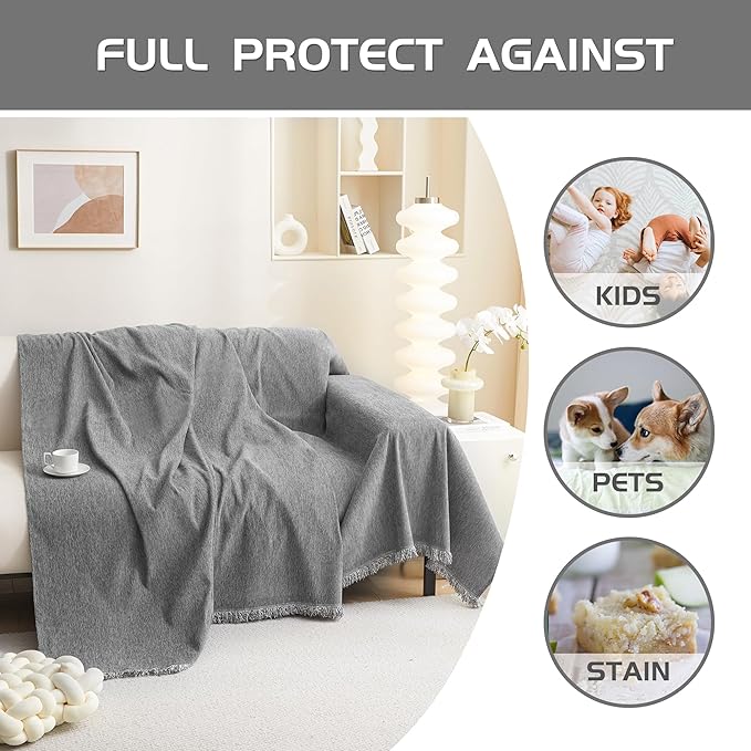 MEETSKY Grey Couch Cover for Dogs Washable Chenille Sofa Covers Blanket Sectional Couch Cover，Thick Loveseat Covers L Shaped Sofa Slipcover for Pets, 71"x 102"