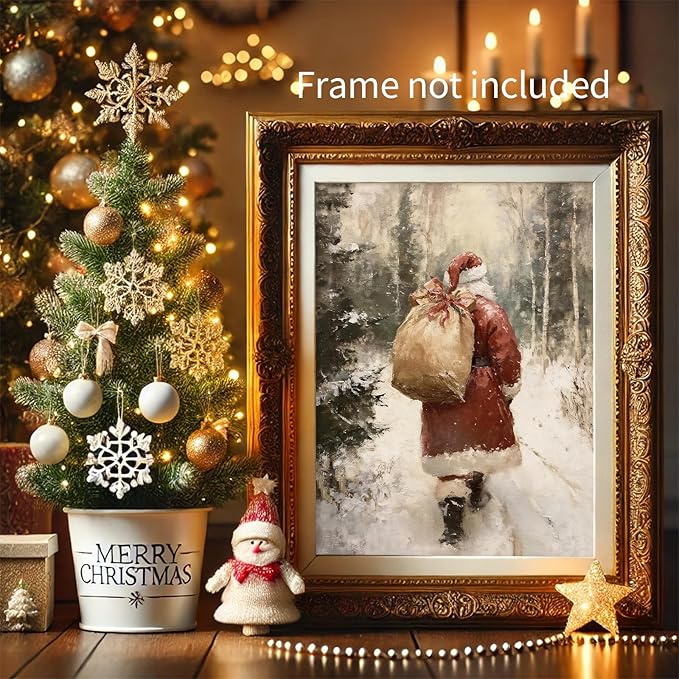 Santa Claus in Winter Forest Poster Vintage Christmas Holiday Canvas Wall Art Cozy Nature Christmas Tree Oil Painting Prints for Cottagecore Bedroom Wall Decor 16x24 inch Unframed