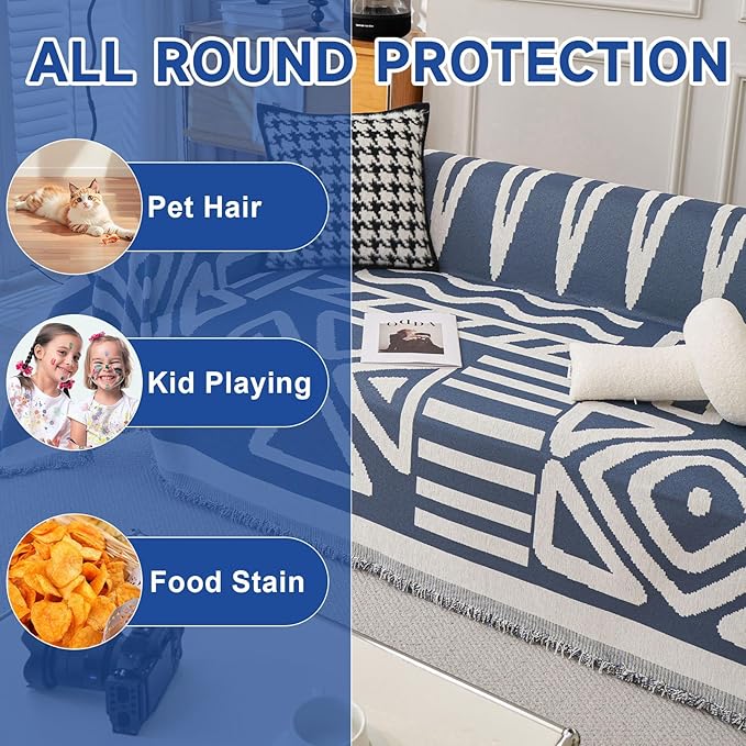 VClife Boho Couch Cover Sectional Sofa Cover for Dog Breathable Chenille Couch Covers for 2 Cushion Couch Sofa, Washable Dark Blue White Geometry Loveseat Cover Slipcover with Tassel 71"X102"