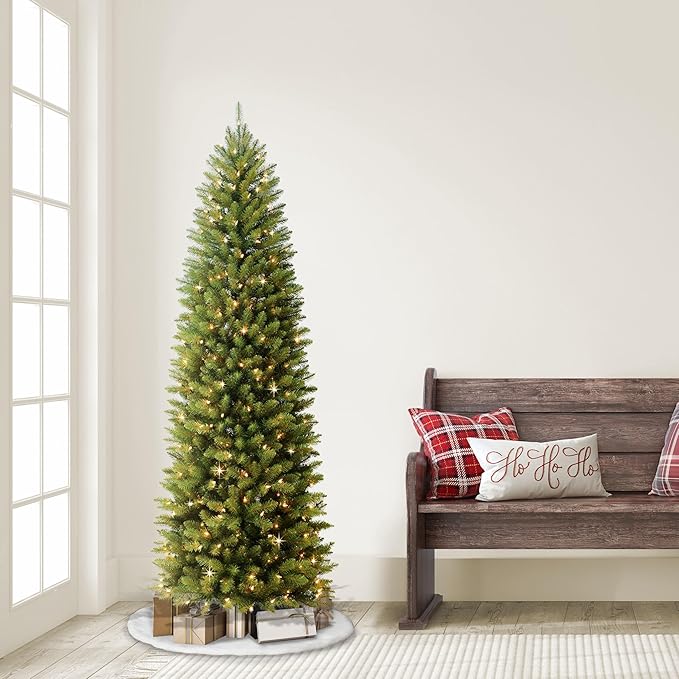 Puleo International 6.5ft Pre-Lit Slim Fraser Fir Christmas Tree with 350 Clear Lights, 1125 Realistic Dense Branch Tips, Easy Setup Artificial Trees with Sturdy Metal Stand
