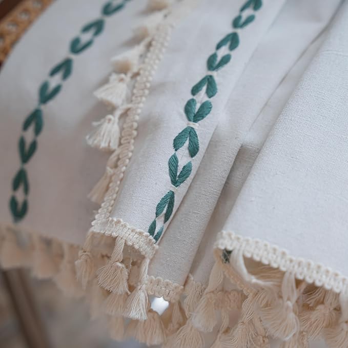 Sutuo Home Boho Curtains for Living Room Bedroom, Semi Blackout Farmhouse Vintage Tassels Window Treatment Bohemian Embroidery Drape, Rod Pocket 1 Panel 52" W x 96" L, White and Emerald Green