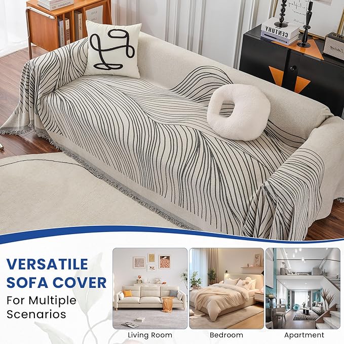 VClife XL Sofa Cover Chenille Couch Cover for 3 Cushion Couch Sofa, Modern Beige Gray Striped Couch Covers for Kids Washable Sectional Sofa Protector with Tassel 71"X134"