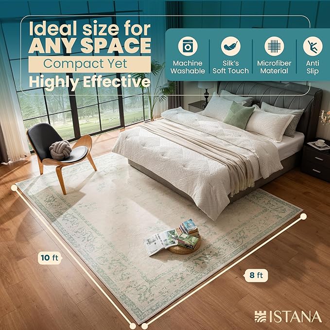Istana 8x10 Area Rug - Green 8x10 Rugs for Living Room - Foldable Rugs for Bedroom - Stain Resistant Washable Rug - Eco-Friendly Area Rugs - Easy to Clean Living Room Rug