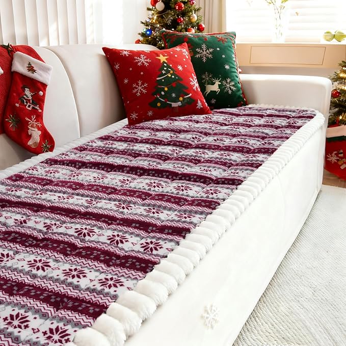 Cekene Christmas Snowflakes Couch Covers Washable Non-Slip Couch Cushion Covers Fuzzy Sofa Cover for Pet (Dark Red,27.6" x 59.1")