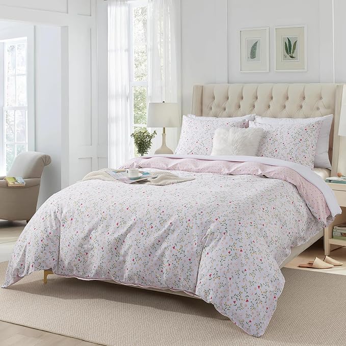 HoneiLife Floral Duvet Cover Queen - 100% Cotton Comforter Cover, Botanical Bedding Duvet Cover Sets with Zipper Closure & Corner Ties, 3-PC Wildflower Comforter Cover Sets, Early Spring
