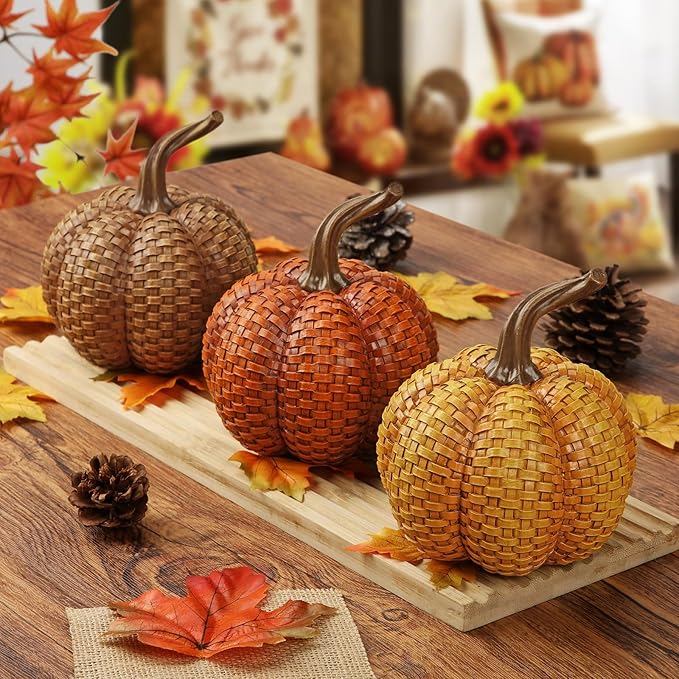 Hollyone Fall Pumpkins Decor, 3PCS Rattan Resin Pumpkins for Decorating Figurines Decorative Pumpkin for Home Autumn Harvest Thanksgiving Halloween Party Wedding Table Centerpiece Indoor Decor