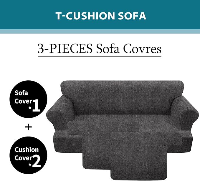 3 Piece T Cushion Sofa Slipcovers Stretch Couch Cover Furniture Covers with 2 Individual T Cushion Covers, Machine Washable for Living Room (Dark Gray, 2 Cushions)