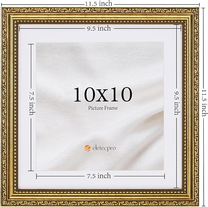 eletecpro 10x10 Picture Frames Set of 2, Vintage 10 x 10 Photo Frames with Glass, Display 8x8 Photo with Mat or 10x10 without Mat for Tabletop or Wall Decor, Gold