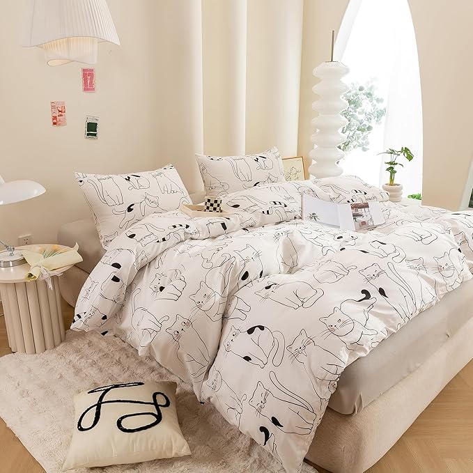 ECOCOTT Duvet Cover King Size, 3 Pcs Cartoon Cats Animal Print Pattern Duvet Cover Set, Super Soft Comforter Quilt Cover with Zipper Closure 4 Ties