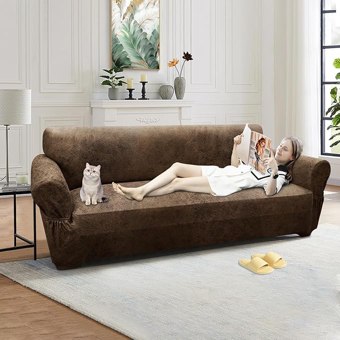 Couch Cover Leather Look 3 Seater Couch Sofa Cover 1-Piece Sofa Slipcover Stretch Furniture Protector with Elastic Bottom & Pockets(Sofa, Light Brown)