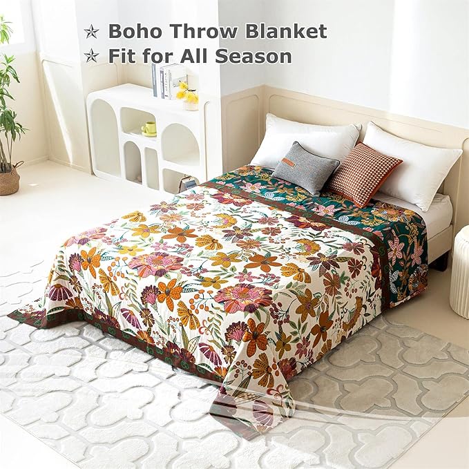 Boho Throw Blanket for Bed 100% Cotton Ultra Soft Rustic Quilt Floral Printed Farmhouse Decor Fall Bed Blankets,60"×80" All Season Rustic Throw for Sofa Couch Chair
