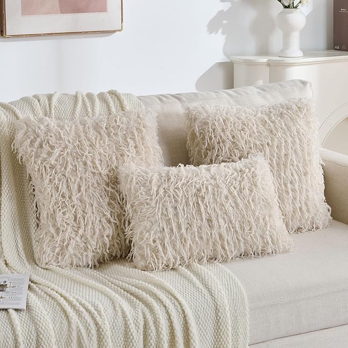 FUTEI Beige Decorative Throw Pillow Covers 22x22 Inch Set of 2,Soft Fluffy Faux Feather Texture Cushion Cases,Modern Home Luxury Decor for Couch Bed Living Room