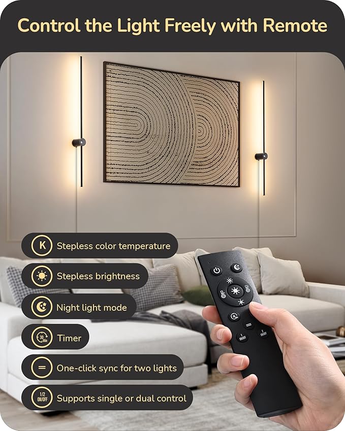 EDISHINE Plug in Wall Sconce Set of Two, Stepless 2700K-6000K Dimmable LED Wall Lights, 350° Rotation 39.4" Touch Wall Sconce with Remote, Timer, Night Light Mode for Living Room Bedroom Hallway