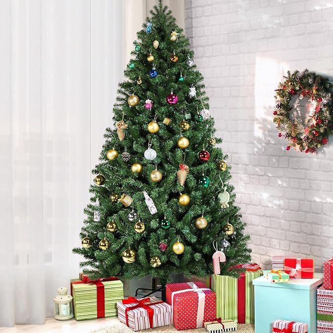 Yaheetech 7.5ft Pre-lit Spruce Artificial Hinged Christmas Pine Tree Prelighted Holiday Xmas Tree for Home Party Decoration with 550 Warm White Lights and 1354 Branch Tips, Green