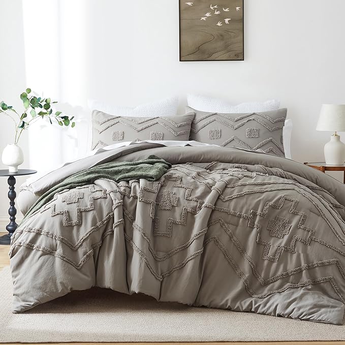 Oli Anderson Boho Tufted Comforter Set Twin Size, 2 Pcs Soft Jacquard Bedding Set for All Seasons, Shabby Chic Farmhouse Bedding Set with Comforters for All Seasons (Grey, Twin)