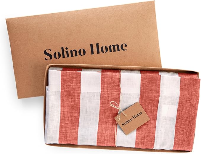 Solino Home Linen Striped Tablecloth 60 x 120 Inch - 100% Pure Linen Red and White Table Cloth for Rectangle Tables - Cabana Stripe, Machine Washable Tablecloth for Christmas, Holiday, Winter