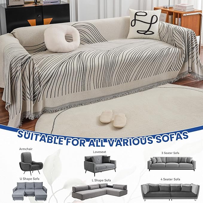 VClife XL Sofa Cover Chenille Couch Cover for 3 Cushion Couch Sofa, Modern Beige Gray Striped Couch Covers for Kids Washable Sectional Sofa Protector with Tassel 71"X134"