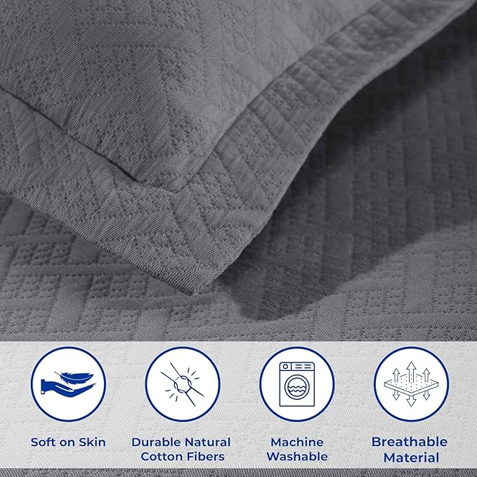 Superior 100% Cotton Basket Weave Bedspread with Shams, All-Season Premium Cotton Matelasse Jacquard Bedding, Quilted-Look Geometric Basket, King, Grey
