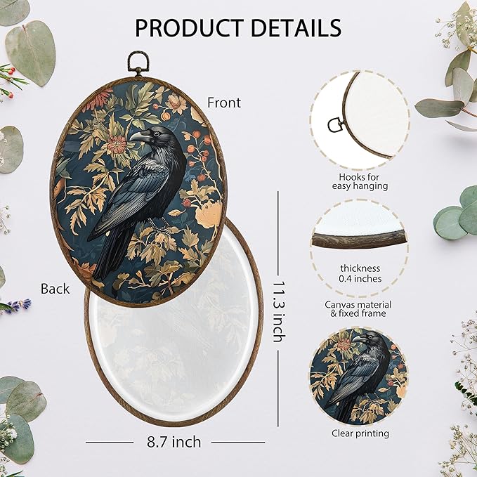 KFXHANGD Vintage Raven Crow Oval Wall Art Framed, Raven Botanical Cottagecore Crow Canvas Wall Art Decor,Gothic Mid Century Dark Raven Hanging Decorations for Bathroom Living Room, 8.7x11.3in