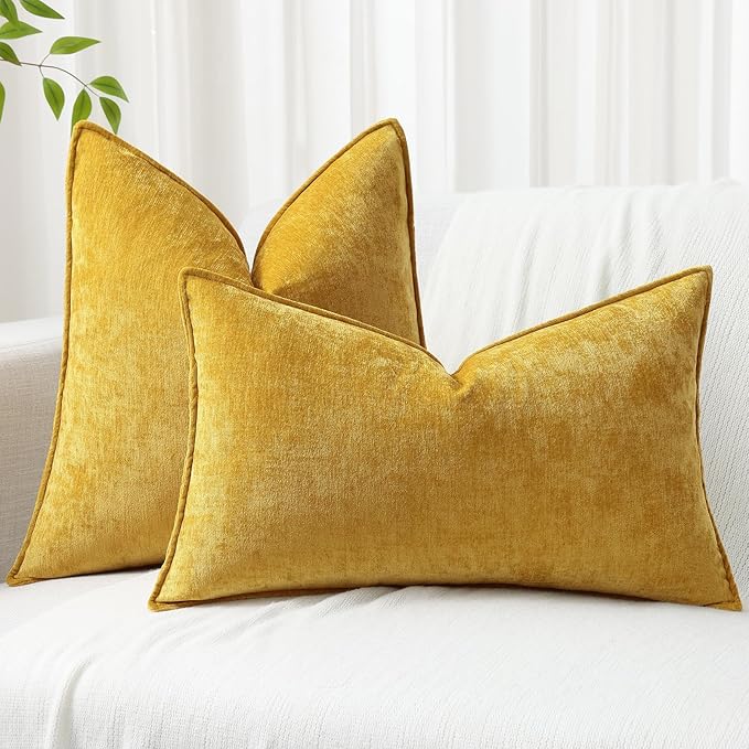 decorUhome Christmas Couch Throw Pillow Covers 12x20 Set of 2, Decorative Soft Euro Velvet Neutral Chenille Lumbar Pillow Covers with Elegant Design for Sofa Bed Living Room Home Decor, Mineral Yellow