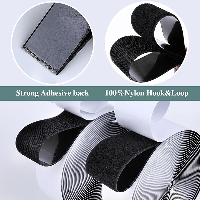 Navona 27Ft x 2 Inch Hook and Loop Strips with Adhesive, Heavy Duty Self Adhesive Tape with Back, Strong Sticky Back Fastener Roll for Home, Office, School, Crafting, Black
