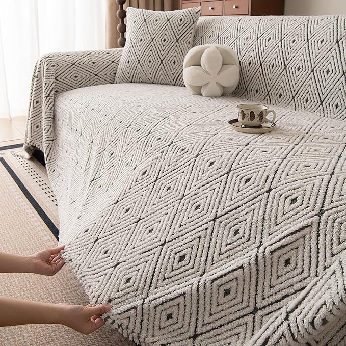 ROOMLIFE Striped Boho Gray Couch Cover for 2-3 Cushion Sofa, Fuzzy Plush Warm Sofa Slipcovers Sectional Sofas Covers, Non Slip Washable Furniture Protector Soft with Tassel,Winter 71''X118”