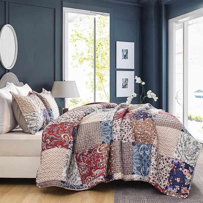 DURLENGEN Floral Quilt Set Queen Size 3Pcs, Bohemian Floral Plaid Styling Bedspread, All Season Lightweight Coverlet Sets(Queen 90x96, Navy Floral Plaid)