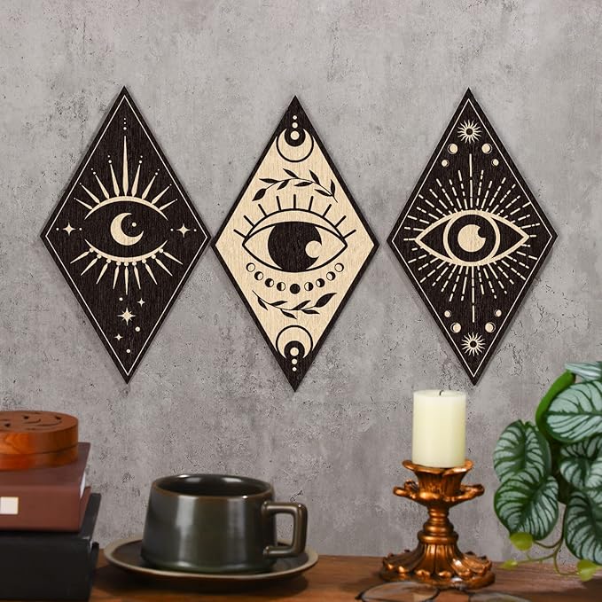 Nuenen 6 Pcs Farmhouse Home Wall Decor Western Geometric Diamond Frame Wall Hanging Boho Modern Abstract Art Prints Wooden Diamond Sign Decorations for Bedroom Living Room Bathroom(Eye Style)
