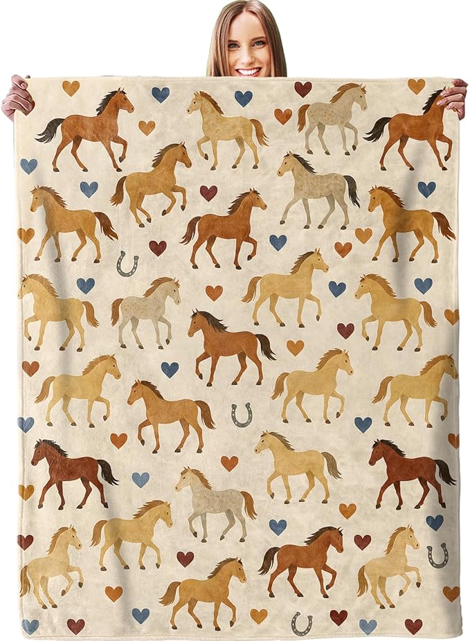 Rustic Horse and Heart Blanket, Plush Soft Lightweight Warm Cozy Flannel 50×40 inch Throw Blanket with Western Equine Pattern for Couch, Travel, Bed, Outdoor, Gifts for Women Men Girls Kids