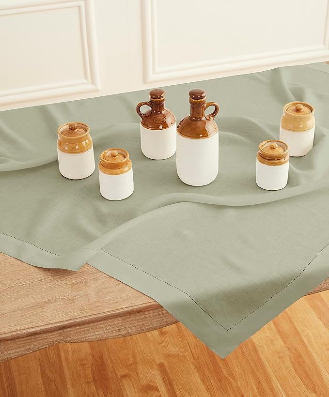 Solino Home Sage Green Linen Tablecloth 52 x 52 Inch - 100% Pure Linen Square Table Throw - Classic Hemstitch, Machine Washable Table Cloth for Fall, Autumn, Thanksgiving, Christmas, Winter