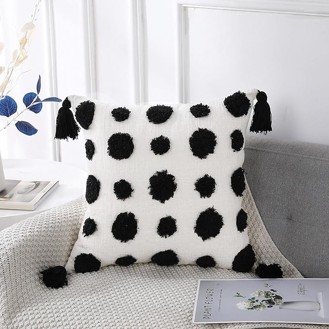 PANOD Super Soft Farmhouse Decorative Plush Throw Pillow Covers 22 x 22 Black,Solid Pom pom Tufted with Tassels Modern Accent Boho Square Cushion Cover Pillow Case for Couch Sofa