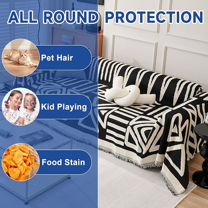 VClife Boho Couch Cover Thick Soft Chenille Sofa Covers for Sectional Couch, Washable Breathable Couch Covers for 3 Cushion Couch Sofa Multi-Functional Furniture Protector, Black, 71''x150''