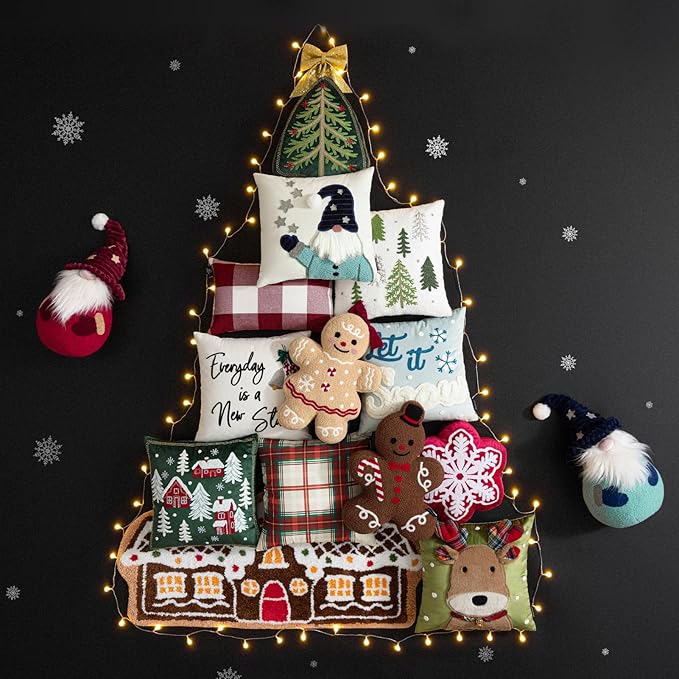 Phantoscope Gingerbread Series Merry Christmas Throw Pillow, Plush Teddy Sherpa Mr. Gingerbread Xmas Shaped Christmas Decorative Pillow with Hat & Cane for Couch Living, Bedroom, Coffee, 13x19 inches