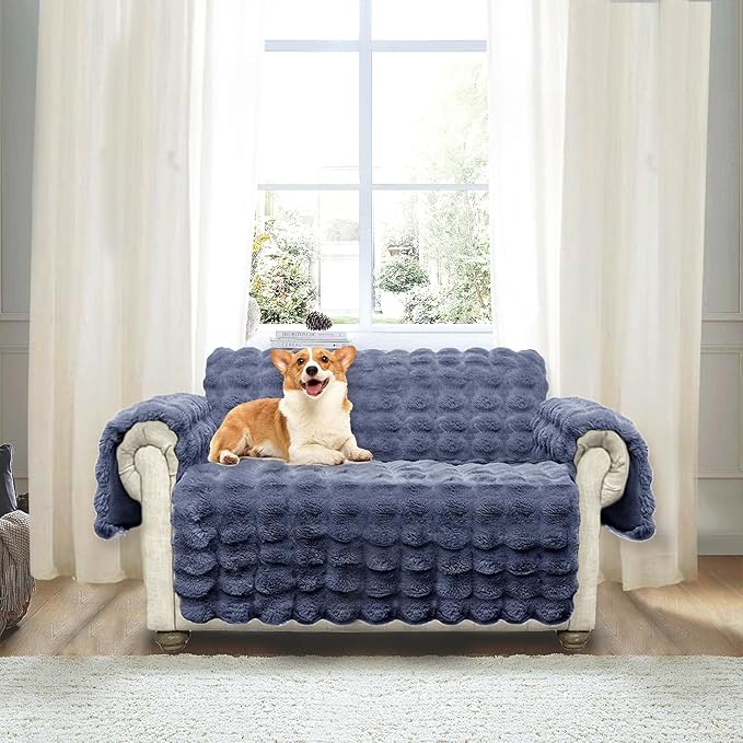 Plush and Fuzzy Shaggy Couch Cover, Dog Pad Faux Fur Sofa Cover, Water Resistant Slipcover, Non-Slip Furniture Protector for Kids,Dogs,Cats.(Noble Gray-Bubble, Medium Loveseat)