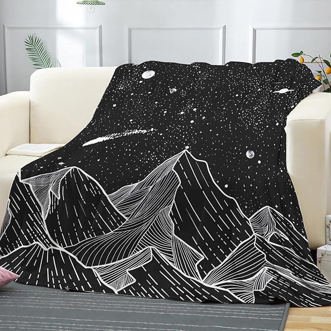 Neasow Black and White Fleece Throw Blanket, Starry Night Mountain Moon and Stars Nap Blankets Gift Sofa Bed Couch Chair or Dorm Throws 40×50 inches