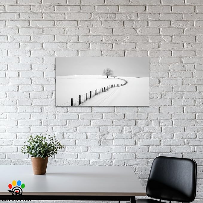 GUTTATY Christmas Winter Scene Canvas Wall Art, Snowy Farm Fence and Tree Pictures, Monochrome Print with Minimalist Artwork Style, Peaceful Posters for Living Room Bedroom Decor, 48x24 Inch