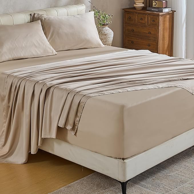 MEISHANG Extra Deep Pocket Cotton Sheets Queen Size - 100% Egyptian Cotton 1000 Thread Count - Fits 18"-24" in Deep Mattress,Oeko-Tex Certified, Soft & Breathable - 4 Piece (Queen, Linen)