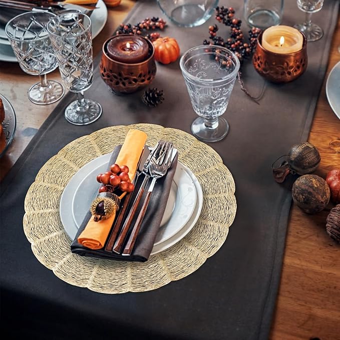 ZOOFOX 12 Pack Round Pressed Vinyl Placemats, 15 Inch Hollow Out Vinyl Dining Table Mats, Non-Slip Heat Resistant Metallic Platemats for Christmas Dinner Holiday Party Wedding Centerpiece Decor