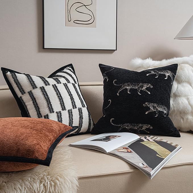 New 18x18'' inches Throw Pillow Cushion Covers - Black Color with Chenille Jacquard Embroidery Golden Leopard Luxury Modern Style Couch Sofa Bed Pillow Cover for Living Room Bedroom