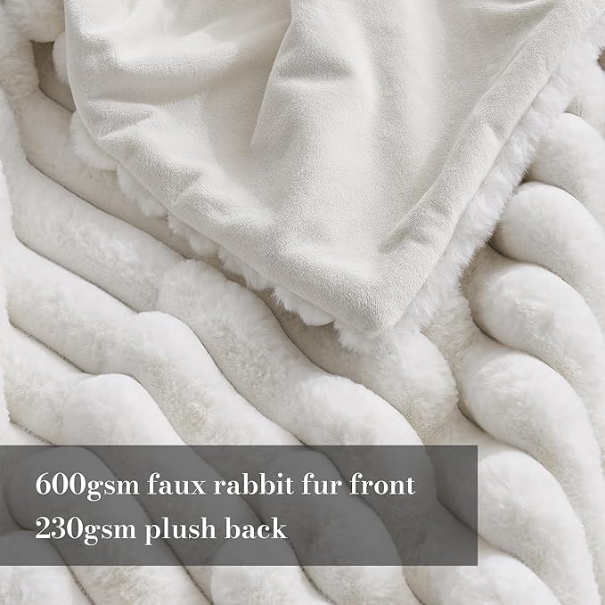 Amélie Home Faux Fur Throw Blanket for Couch, Cozy Fuzzy Fluffy Fur Luxurious Soft Striped Plush Gift Blankets for Family Sofa Chair, 60"x80", Ivory