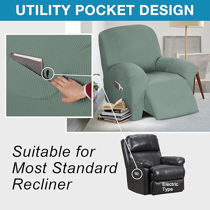Flamingo P Stretch Recliner Chair Cover Recliner Cover for Electric/Manual Style | Furniture Cover for Reclining with Side Pocket, Soft Checked Jacquard Fabric Form Fitted Standard/Oversized - Sage