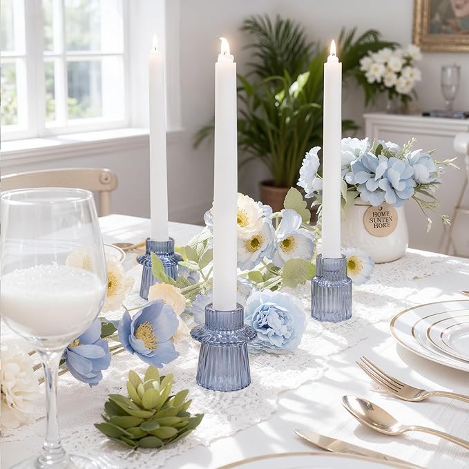 WELLIFE Blue Glass Candle Holder, 6 Pcs Tapered Candlestick Holders, Blue Glass Candlestick Holder for Table Centerpieces, Wedding Decor & Dinner Party