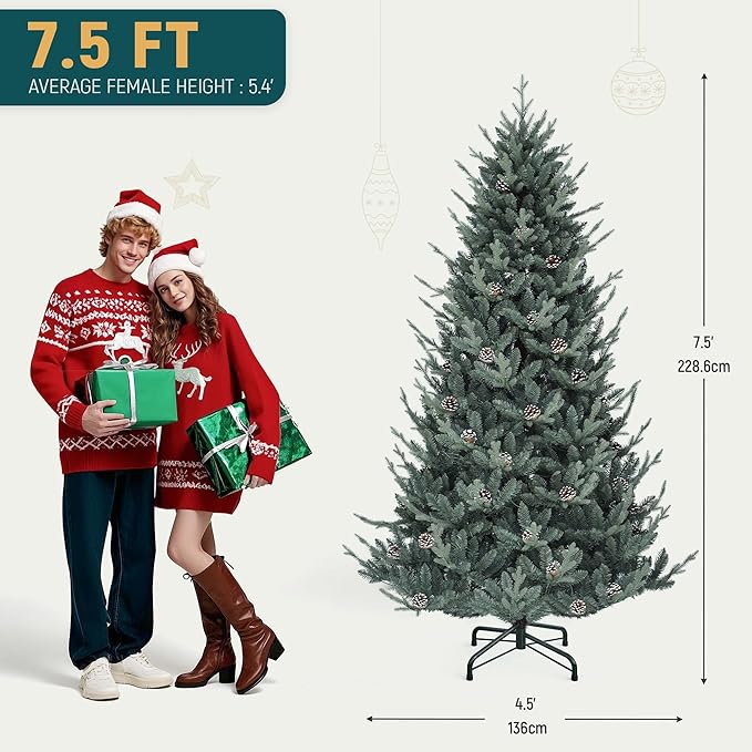 YITAHOME 7.5FT Prelit Blue Christmas Tree with Remote, Pre-Decorated Artificial Hinged Hillside Spruce Holiday Xmas Tree with 51 Pine Cones, 500 Lights & 11 Light Modes