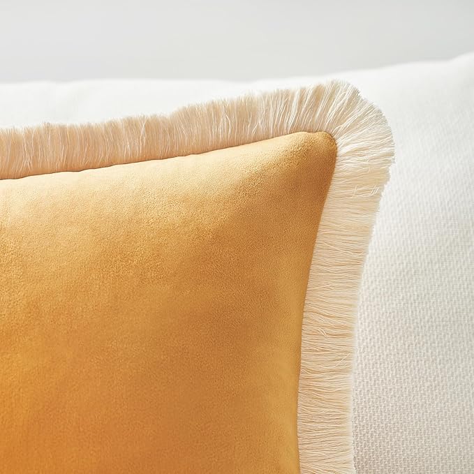 MONDAY MOOSE Decorative Throw Pillow Covers Cushion Cases, Set of 2 Soft Velvet Modern Fringe Tassel Designs, Mix and Match for Home Decor, Pillow Inserts Not Included (Yellow, 16x16 inch)
