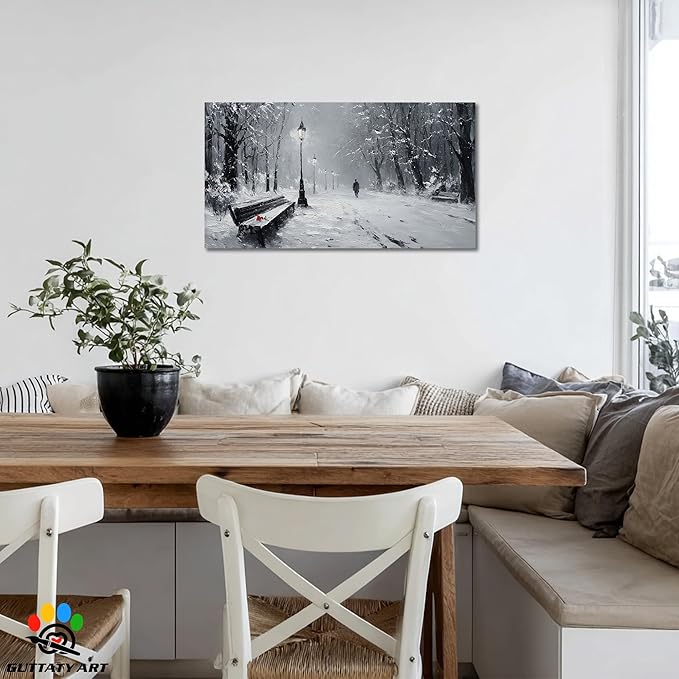 GUTTATY Christmas Winter Scene Canvas Wall Art, Snowy Park Pictures Print, Monochrome Wall Decor with Bench and Lamp, Fine Canvas Artwork for Living Room, Bedroom, Office, Holiday Gift, 16x8 Inch