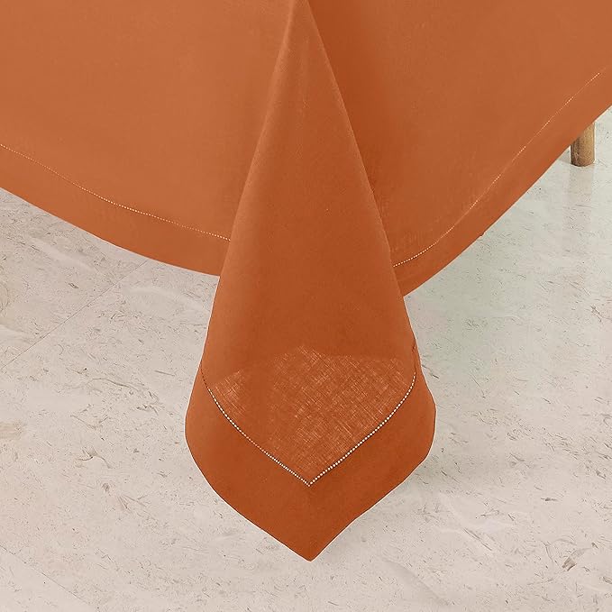 D'Moksha Homes Rust Linen Tablecloth 60 x 156 Inch - 100% Pure Linen Rust Tablecloth for Rectangle Tables - Classic Hemstitch, Machine Washable Table Cloth for Fall, Thanksgiving, Holiday